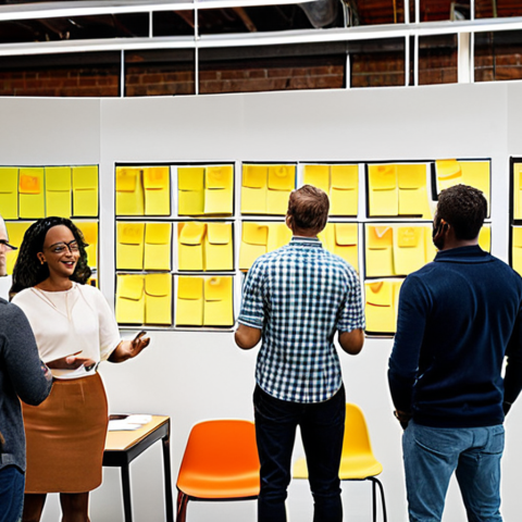 ** A diverse group of people collaborating on a design thinking project. Show sticky notes, prototypes, and brainstorming. Emphasize the human-centered aspect and collaborative spirit. Style: Bright, optimistic, and modern, like a co-working space.

**