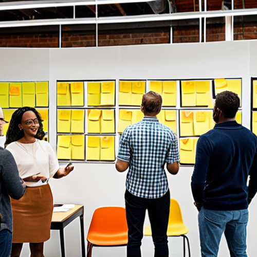 Home 4 ** A diverse group of people collaborating on a design thinking project. Show sticky notes, prototypes, and brainstorming. Emphasize the human-centered aspect and collaborative spirit. Style: Bright, optimistic, and modern, like a co-working space.
**