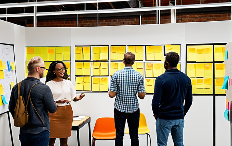 ** A diverse group of people collaborating on a design thinking project. Show sticky notes, prototypes, and brainstorming. Emphasize the human-centered aspect and collaborative spirit. Style: Bright, optimistic, and modern, like a co-working space.
**