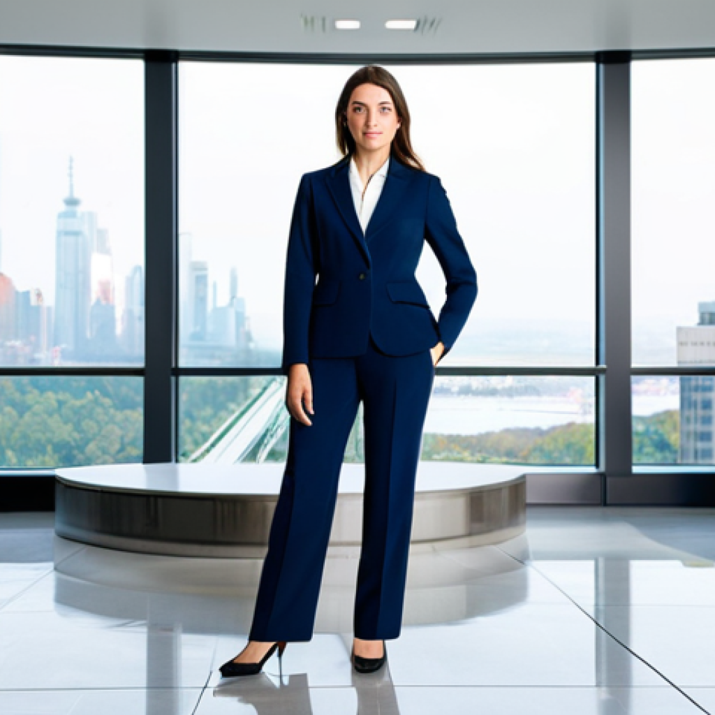 **

A professional businesswoman in a modest navy blue business suit, standing confidently in a modern office lobby with large windows overlooking a cityscape, fully clothed, appropriate attire, safe for work, perfect anatomy, natural proportions, professional corporate photography, high quality, bright and airy.

**