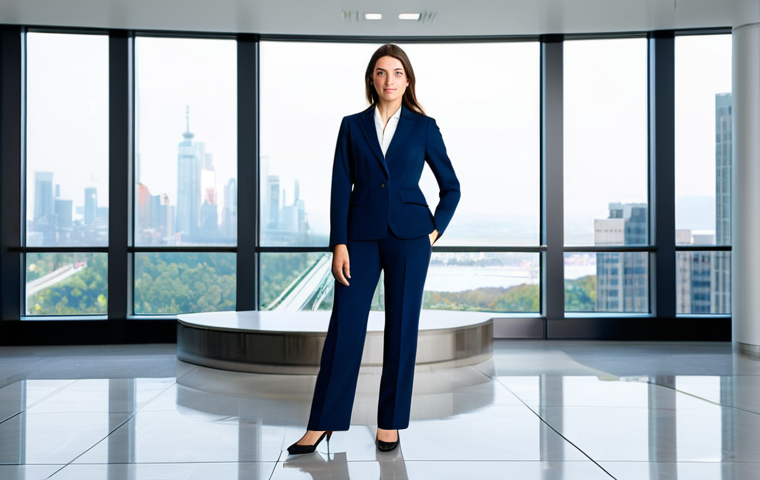 **

A professional businesswoman in a modest navy blue business suit, standing confidently in a modern office lobby with large windows overlooking a cityscape, fully clothed, appropriate attire, safe for work, perfect anatomy, natural proportions, professional corporate photography, high quality, bright and airy.

**