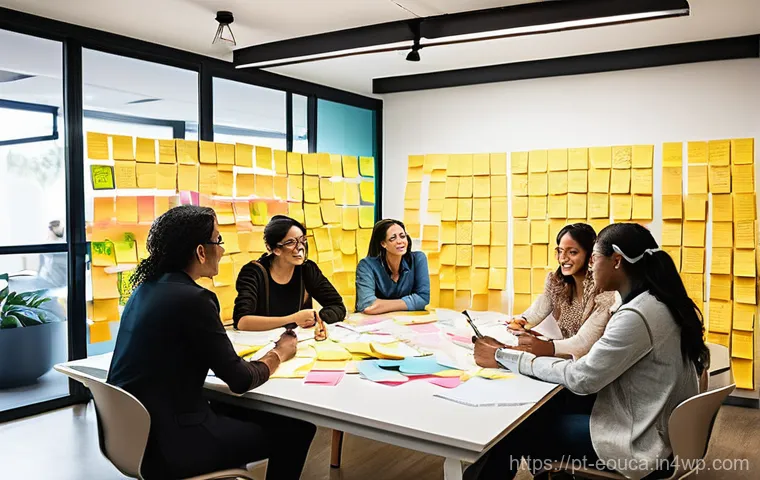 디자인 사고 교육을 위한 실습 자료 - **Prompt:** A diverse group of four professionals (two women, two men, all in their 30s-40s, casuall...
